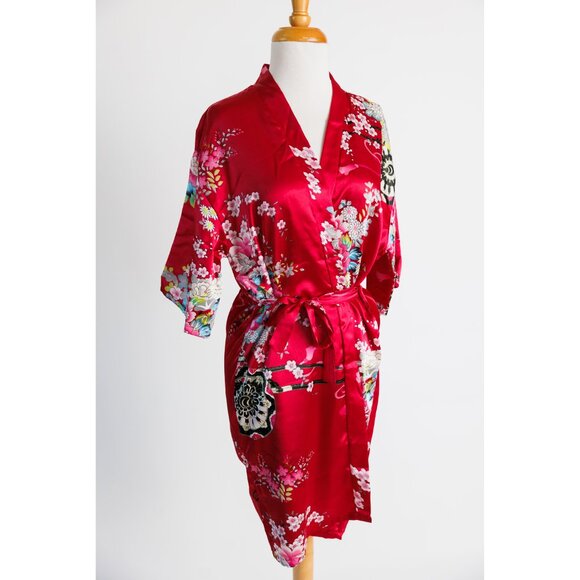 Chinese dressing robe, floral print red short dressing robe, 100% cotton - Picture 5 of 10
